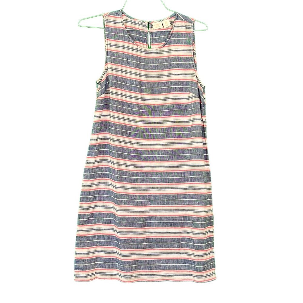 St Tropez West 100% Linen Tank Shift Dress Blue Red Tan Horizontal Stripe Sz 4